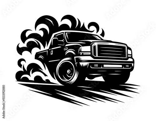 Black and White illustration of a Powerful Pickup Truck in Action