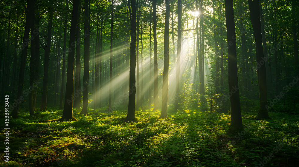 Obraz premium Beautiful rays of sunlight in a green forest