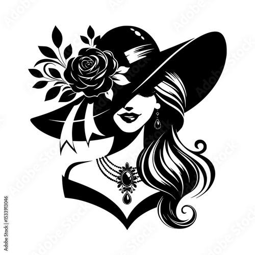 Elegant Woman in a Wide-brimmed Hat: Black and White Illustration