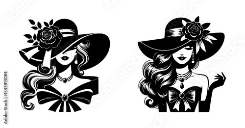 Elegant Women in Wide-brim Hats: Black and White Fashion Illustrations