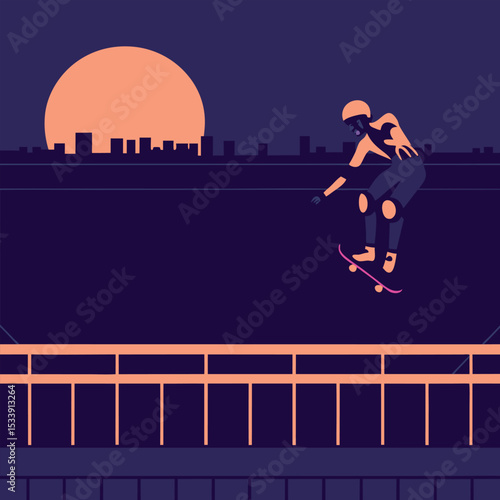 Skateboarder jumping over a bridge at sunset with cityscape silhouette vector illustration