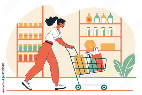 Woman pushing shopping cart in grocery store aisle vector illustration