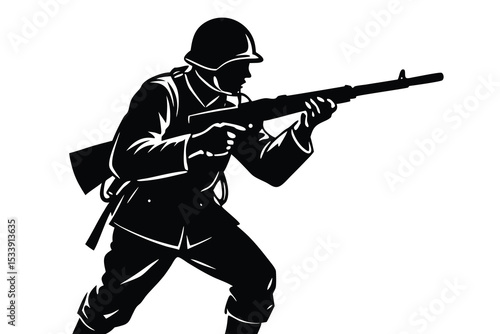 Soldier in Silhouette Aiming Rifle, Military Uniform, Illustration on Plain Background