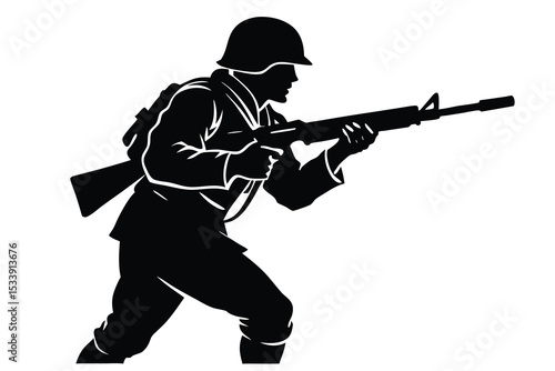 Soldier Silhouette Aiming Rifle Military Action, Combat Ready, Heroic Figure Illustration