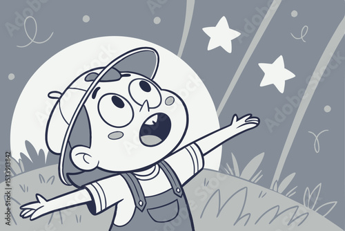 Cartoon boy gazing upward at stars with arms extended outdoors illustration