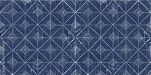 Intricate navy blue and white geometric pattern with a modern design.