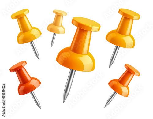Orange push pins thumbtacks vector illustration stationery items on Transparent Background