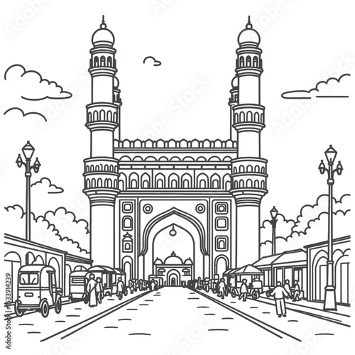 Line art illustration of Charminar viewed from street level with surrounding market scene, small shops, people silhouettes, rickshaws, streetlights, distant view of entire monument