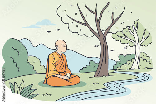 Wallpaper Mural Meditating monk cartoon illustration in natural landscape setting by a river Torontodigital.ca