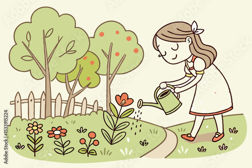 Cartoon girl watering flowers in garden with trees and picket fence illustration