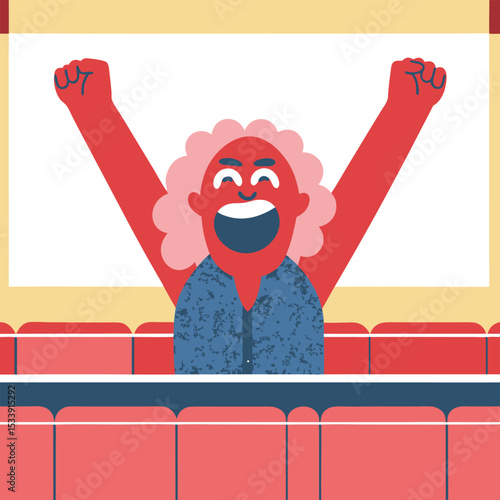 Cheerful woman celebrating victory in audience with raised arms joyful spectator