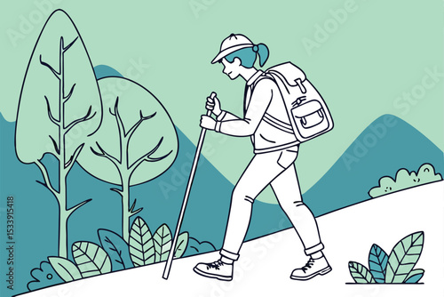 Female hiker walking in nature with backpack and trekking pole line art
