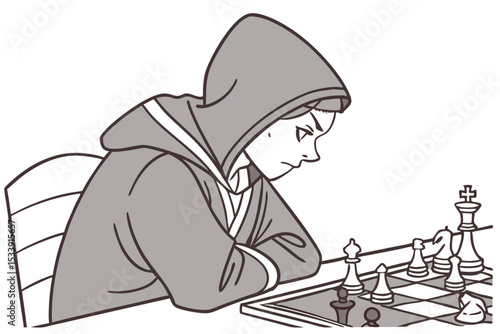 Intense chess match hooded figure deep in thought over strategy game board