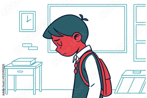 Sad schoolboy with backpack depressed student in classroom minimalist vector illustration