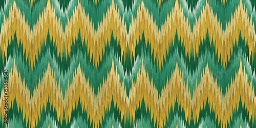 Vibrant green and gold zigzag pattern, creating a lively and dynamic textile design.