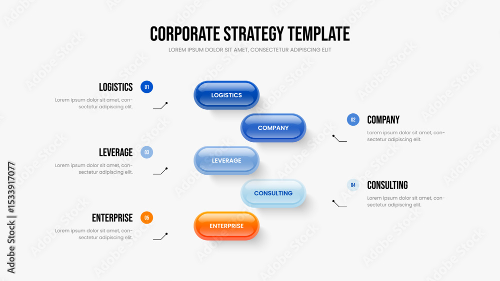 Naklejka premium Investor Report Frame Layout Vector Illustration. Corporate Insight 5 Option Infographic Presentation Design. Consulting Analysis Five Step Diagram Slide Template.