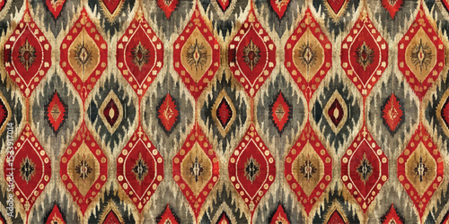 Vibrant red and gold patterned fabric with a striking geometric design.