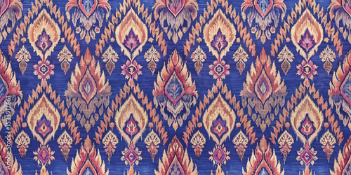 Elegant patterned fabric with ornate floral designs in rich blue and gold tones.