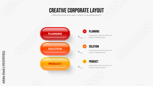 Modern Innovation 3 Element Diagram Slideshow Template. Service Strategy Three Step Infographic Frame Design. Business Profile Slide Layout Vector Illustration.