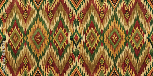 Colorful geometric fabric pattern in rich tones of green, red, and gold.