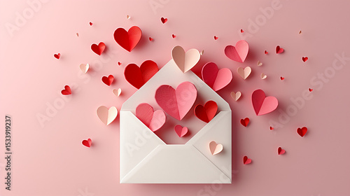 white envelope with 3D paper hearts in shades of red, pink, and cream popping out, placed on soft pastel pink background, Valentine’s Day theme,