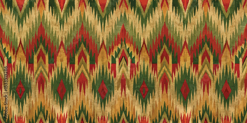 Vibrant tribal pattern featuring red, green, and gold hues in a zigzag design.