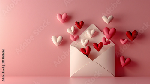 white envelope with 3D paper hearts in shades of red, pink, and cream popping out, placed on soft pastel pink background, Valentine’s Day theme,