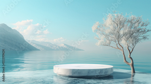 white marble pedestal with natural stone texture, set by a tranquil ocean, stage for cosmetics or jewellery display, minimal luxury aesthetic