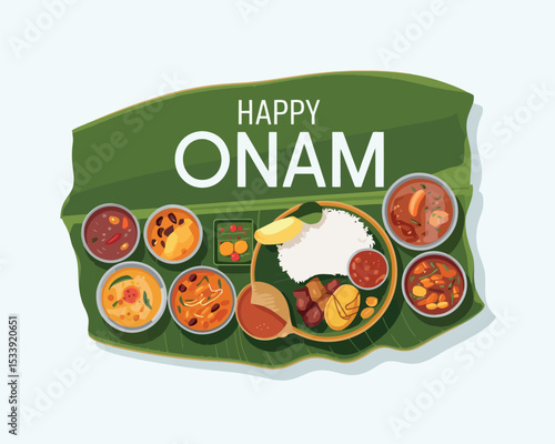 Happy Onam Feast Illustration with Traditional Kerala Sadya on Banana Leaf