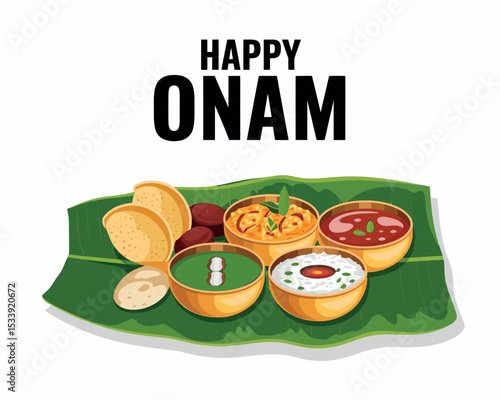 Happy Onam Feast Illustration with Traditional Kerala Sadya on Banana Leaf