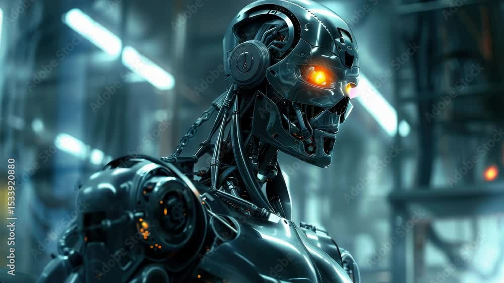Futuristic humanoid robot with glowing eyes standing in a high-tech industrial environment 4k Futuristic humanoid robot with glowing eyes standing in a high-tech industrial environment 4k