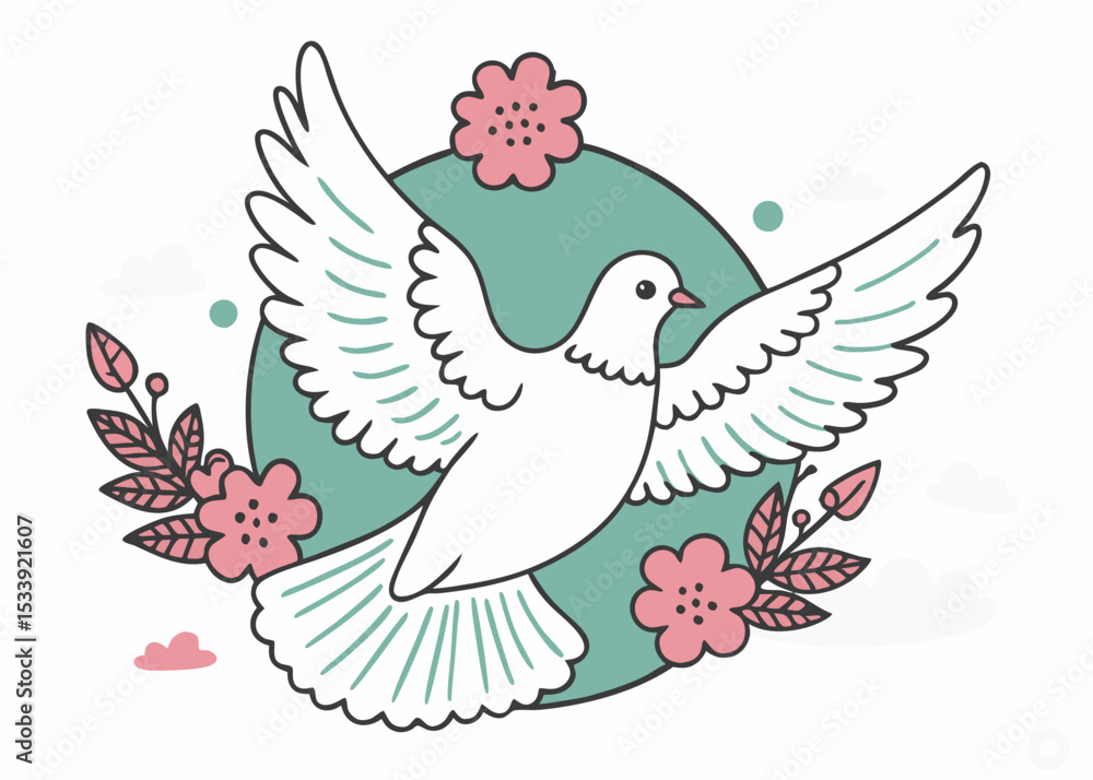 Fototapeta premium Hand drawn dove and flower minimalist logo, Icon, element vector illustration