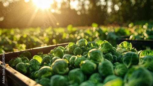 Harvested brussels sprouts filling crate at farm during sunset, agriculture and cultivation concept with vegetables in a box, rural scene.