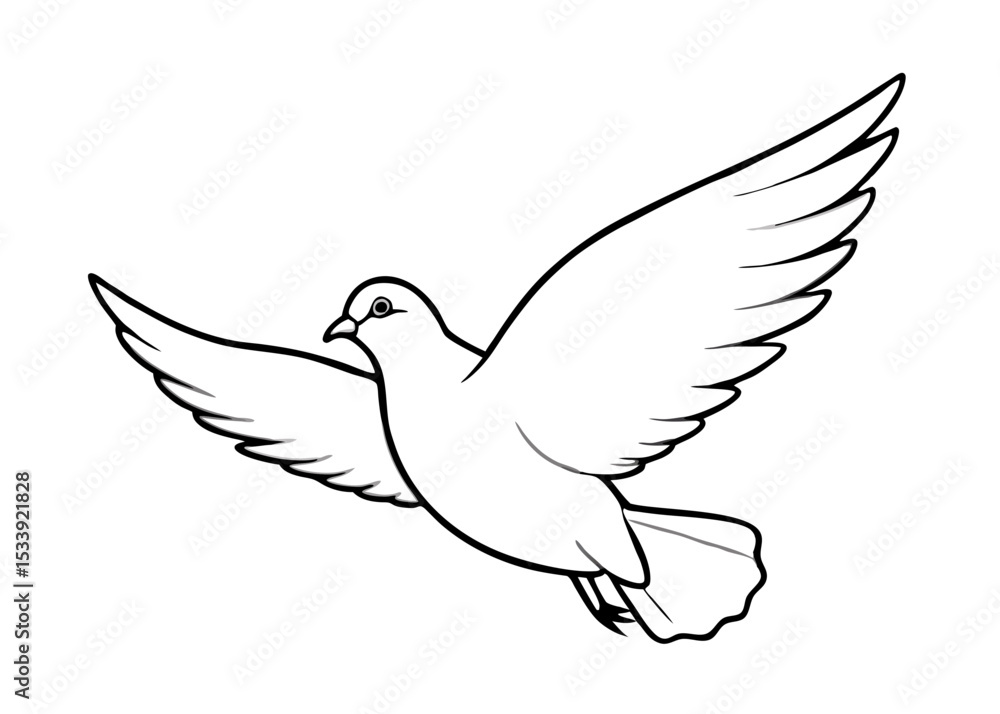 Obraz premium Flying dove, drawing, engraving, ink, line art, vector cartoon illustration