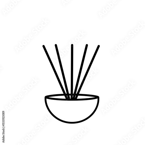 Icon of an aroma diffuser with a wide circular bowl and long reed sticks for fragrance dispersion.