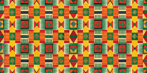 Vibrant geometric pattern in red, green, and yellow with intricate designs.
