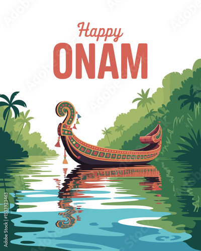 Happy Onam Celebration with Traditional Kerala Boat in Scenic Backwaters