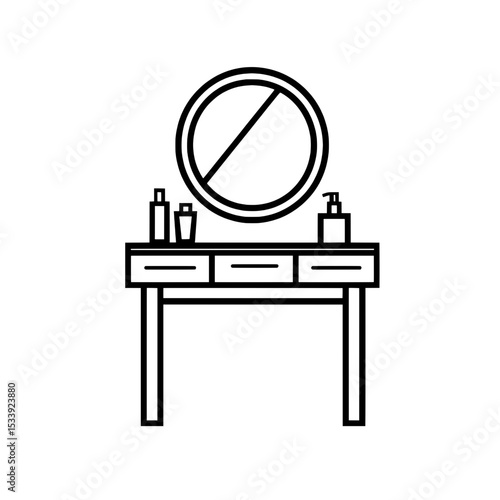 Corner vanity table icon with wide mirror, grooming bottles, and storage drawers, used in home or dressing rooms.