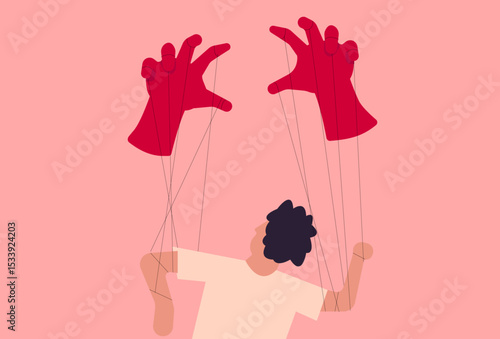 Man manipulated by hands string illustration