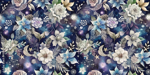 A vibrant floral pattern featuring roses and stars on a dark background.