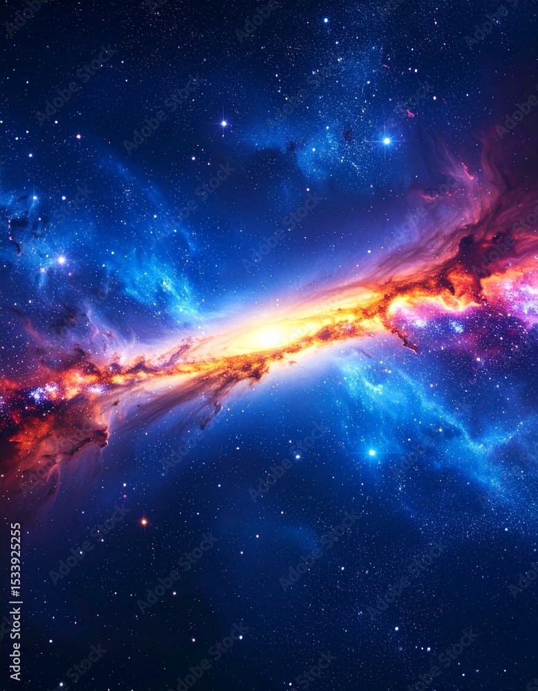 Obraz premium Epic deep-space vista: a swirling luminous nebula mixing electric blues, magentas, and fiery oranges, filled with countless stars, creating a breathtaking cosmic landscape