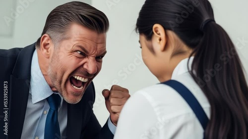 A businessman boss yelling at a female employee with clenched fists


