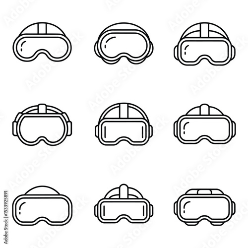 Nine Line Art Illustrations of Virtual Reality Goggles Variations Head Mounted Displays Different Styles Black White