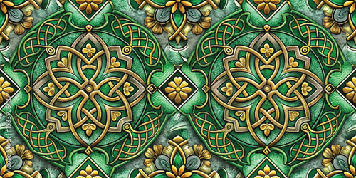 Intricate green and gold Celtic pattern featuring floral motifs.