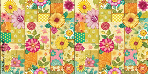 Colorful floral patchwork design with vibrant blooms and cheerful patterns.
