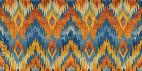 Vibrant geometric pattern featuring warm oranges and cool blues for decor inspiration.