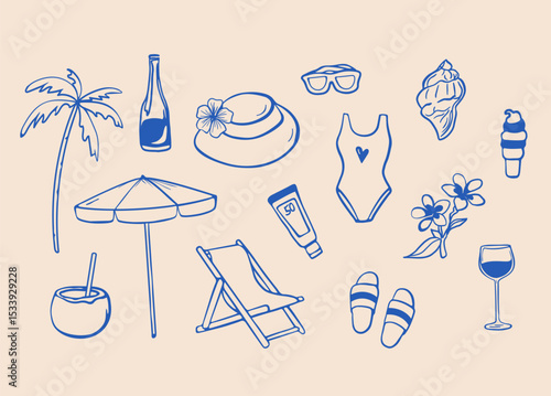 Collection of hand-drawn blue summer icons including swimsuit, hat, coconut, umbrella, wine glass, and beach elements on beige background