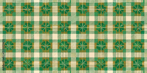 Vibrant green and white plaid pattern with palm leaf design, perfect for summer.