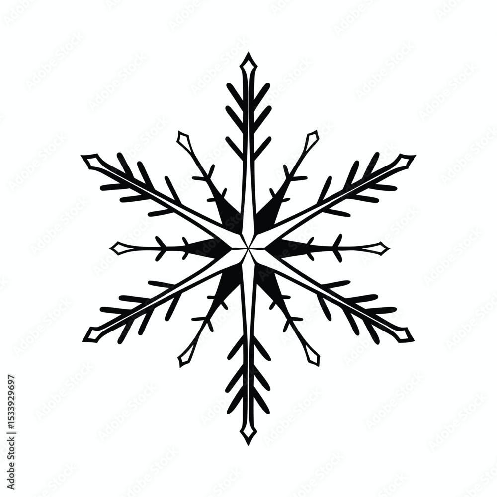 Obraz premium Intricate geometric snowflake vector illustration, black and white decorative winter design