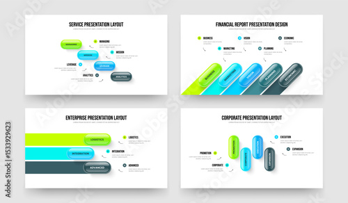Professional Report 4 5 3 4 Step Diagram Frame Design Bundle. Creative Overview Four Five Three Four Element Infographic Slide Template Vector Illustration Set.
